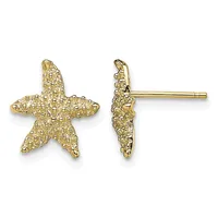 A pair of gold starfish-shaped stud earrings shown from front and side views, displaying a textured surface finish.