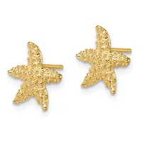 Pair of gold starfish-shaped stud earrings with textured surface and post backs, shown against a white background.