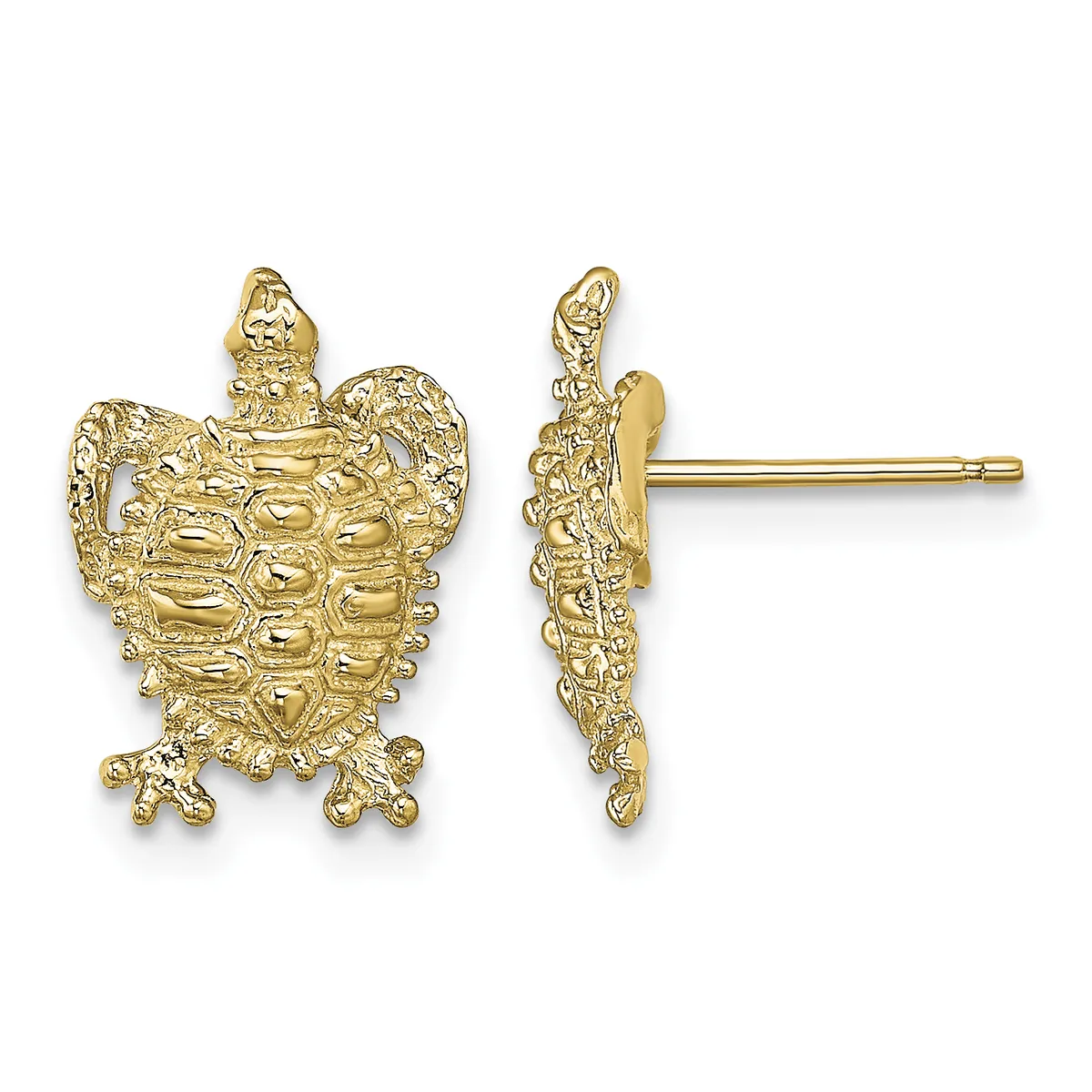 Pair of gold turtle-shaped stud earrings shown from front and side view, featuring detailed textured shells and splayed feet, with posts and backs.