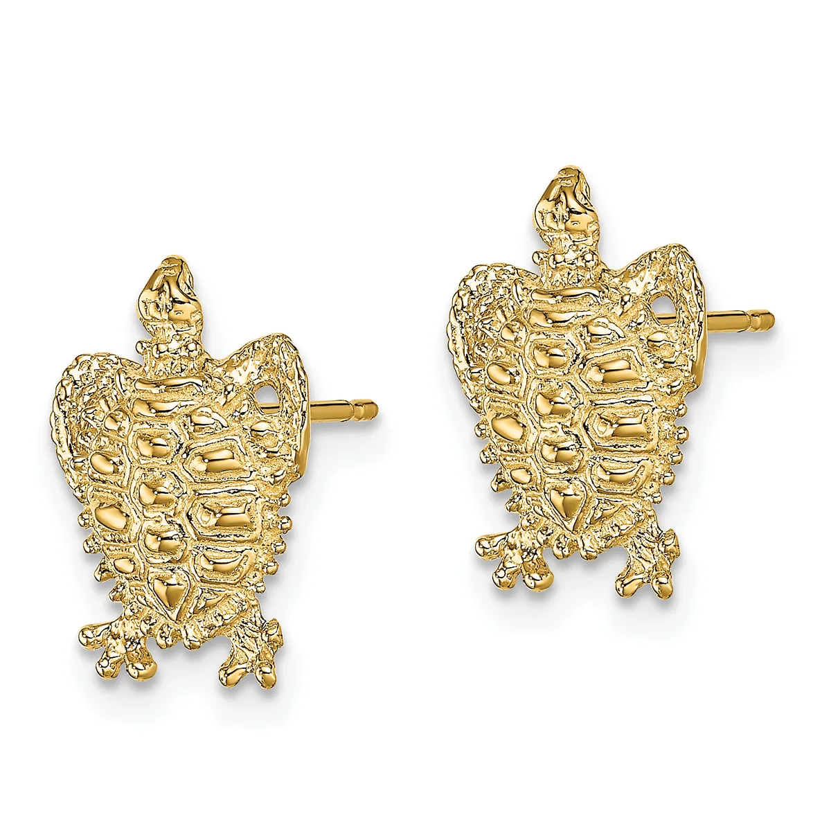 A pair of gold turtle-shaped stud earrings with textured shells and detailed feet, shown from the front.
