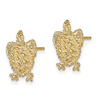 A pair of gold turtle-shaped stud earrings with textured shells and detailed feet, shown from the front.