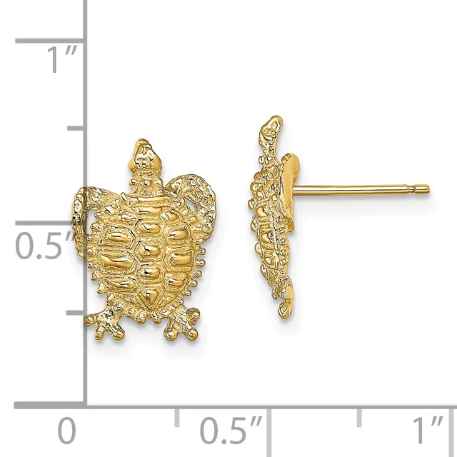 Gold turtle stud earrings shown front and side view with a measurement scale indicating approximately 0.5 inches in height.