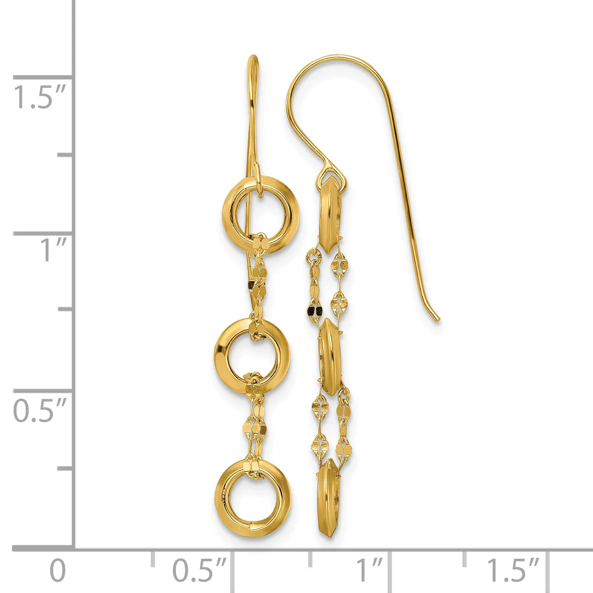 Gold-toned dangle earrings with three small circles connected by decorative chain links, displayed next to a ruler showing approximately 1.5 inches in length.
