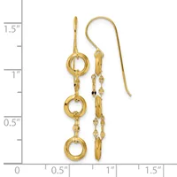 Gold-toned dangle earrings with three small circles connected by decorative chain links, displayed next to a ruler showing approximately 1.5 inches in length.