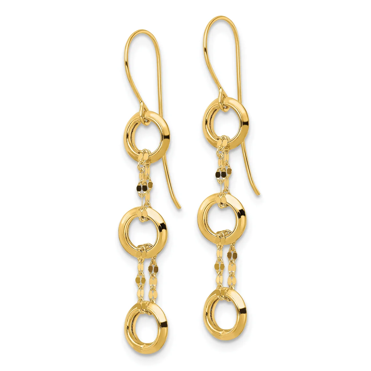 Pair of gold-toned drop earrings with open circular links connected by chain segments, suspended from curved ear wires.