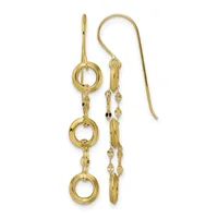 Gold dangle earrings with three small circular rings connected by textured bars, suspended from curved ear wires.