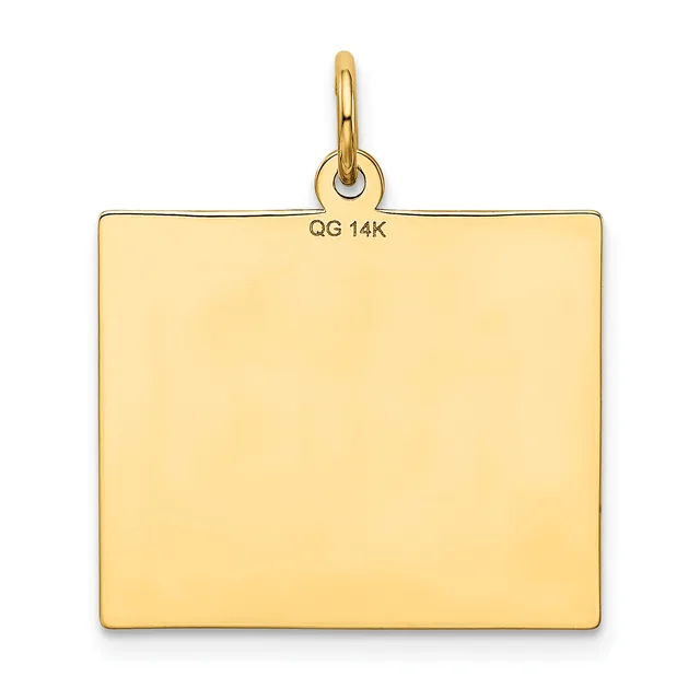 A plain rectangular gold pendant with a loop attachment at the top, shown against a white background.
