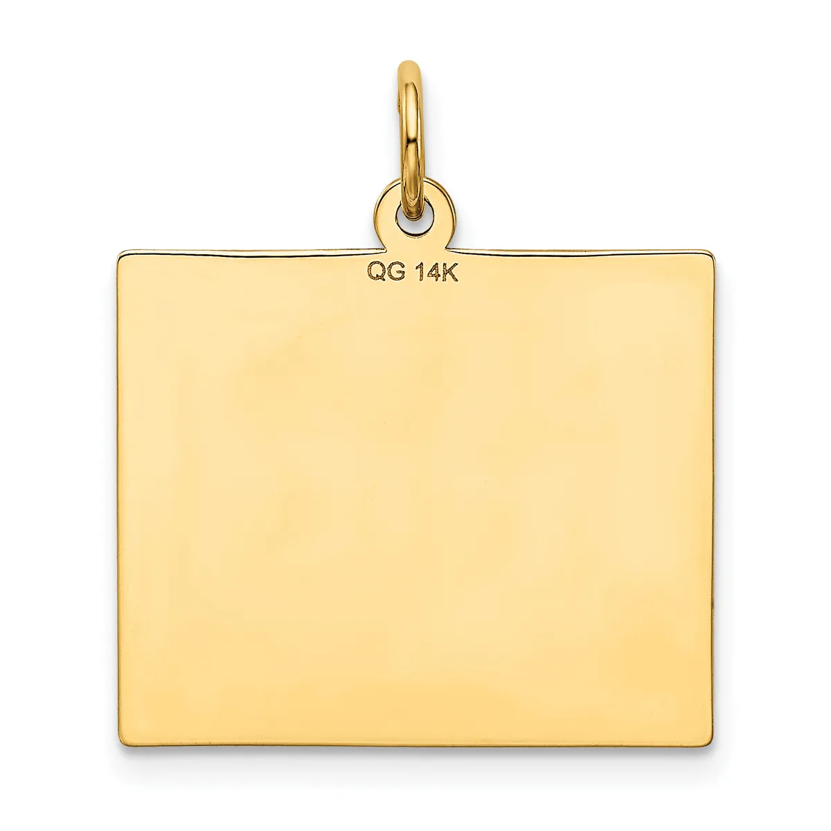A plain rectangular gold pendant with a loop attachment at the top, shown against a white background.