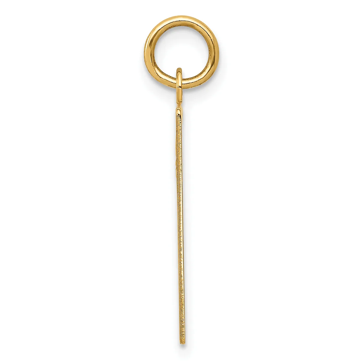 A gold-toned metal pendant consisting of a circular loop at the top attached to a long thin chain or stick, displayed vertically against a white background.