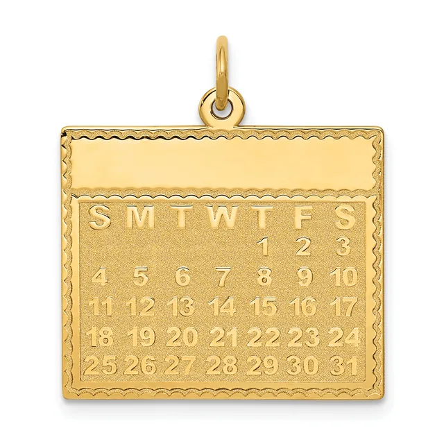 Gold rectangular calendar pendant with a scalloped border and day-of-week abbreviations across the top, displaying numbered dates one through thirty-one arranged in rows.