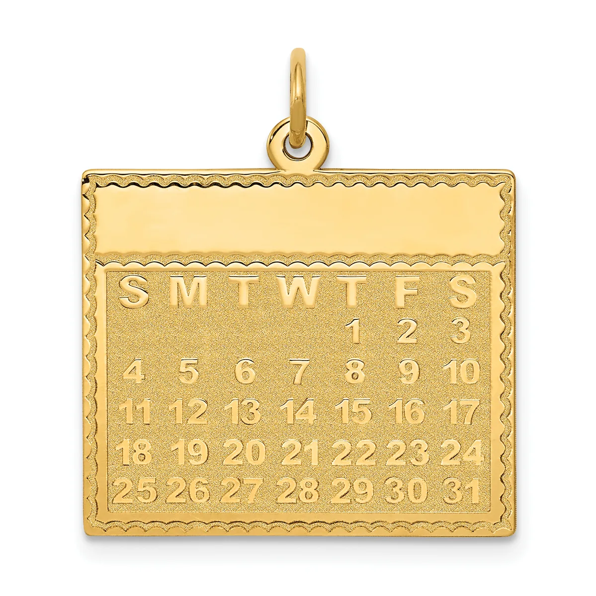 Gold rectangular calendar pendant with a scalloped border and day-of-week abbreviations across the top, displaying numbered dates one through thirty-one arranged in rows.