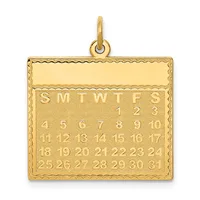 Gold rectangular calendar pendant with a scalloped border and day-of-week abbreviations across the top, displaying numbered dates one through thirty-one arranged in rows.