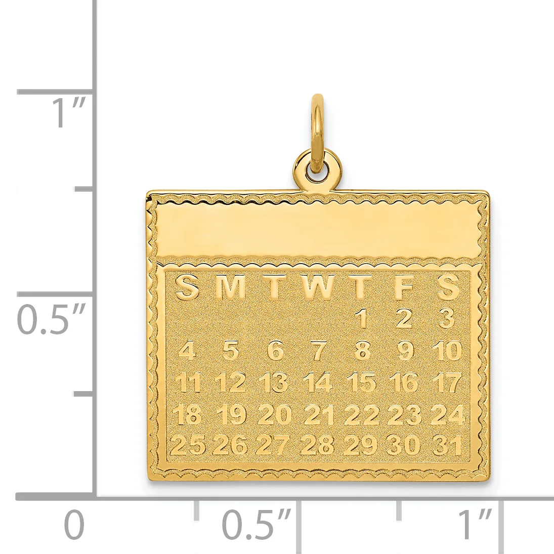 Gold calendar pendant with decorative border shown next to a ruler for scale, measuring approximately one inch square.