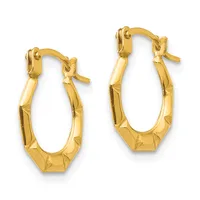 Pair of gold hoop earrings with a textured diamond-cut surface and hinged clasp closures, displayed against a white background.