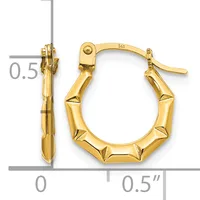 A pair of gold hoop earrings with a textured, segmented surface and hinged posts, shown with a measurement scale indicating approximately 0.5 inches in diameter.