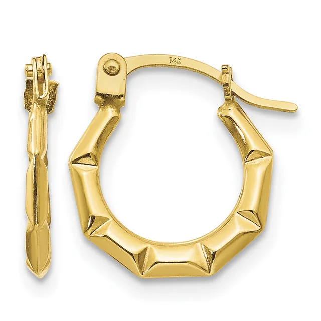 Pair of gold hoop earrings with textured faceted surface and hinged post closures, shown from front and side views.