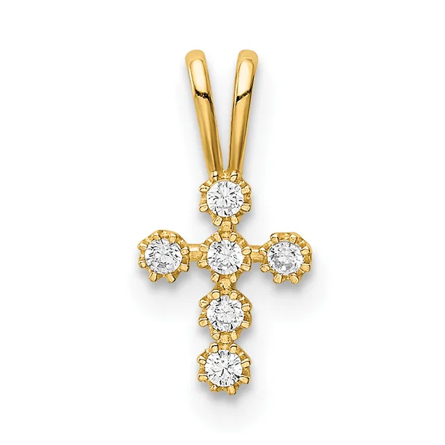 Gold cross pendant with six round diamonds arranged in a cross pattern and a bail loop at the top.