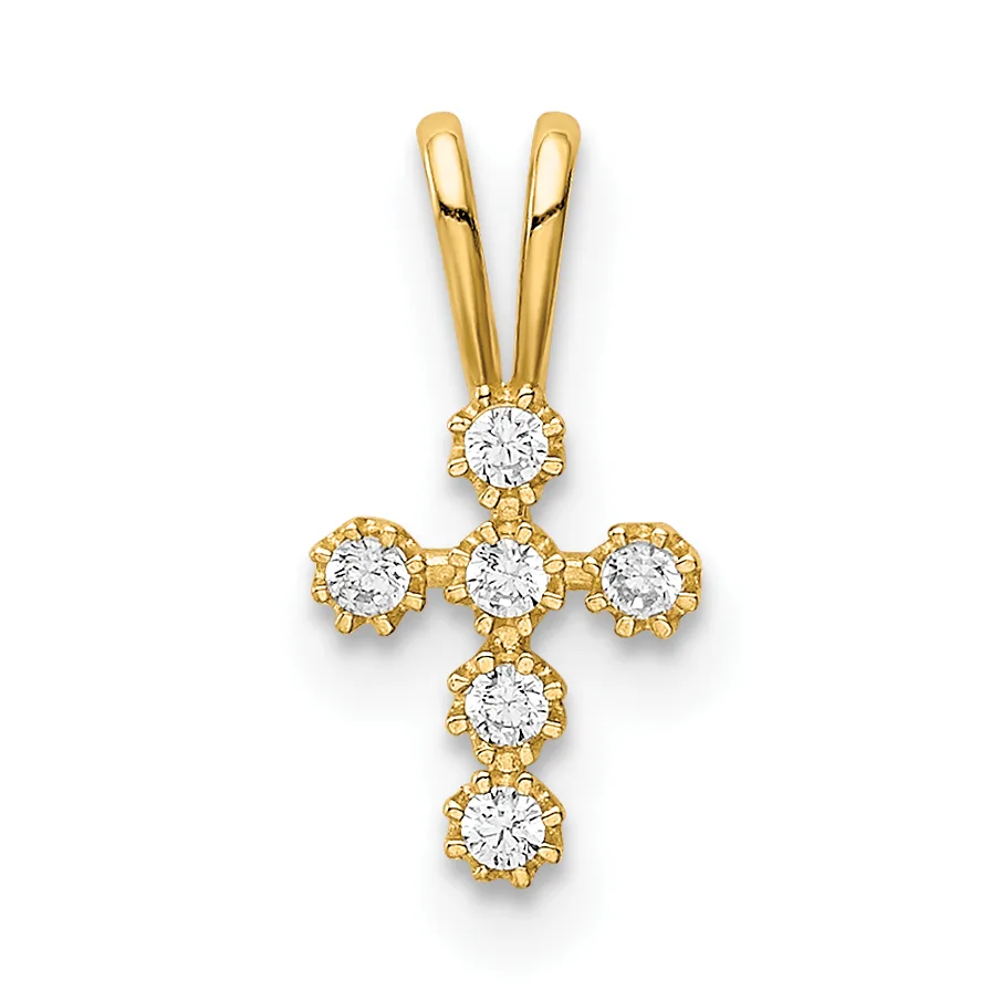 Gold cross pendant with six round diamonds arranged in a cross pattern and a bail loop at the top.