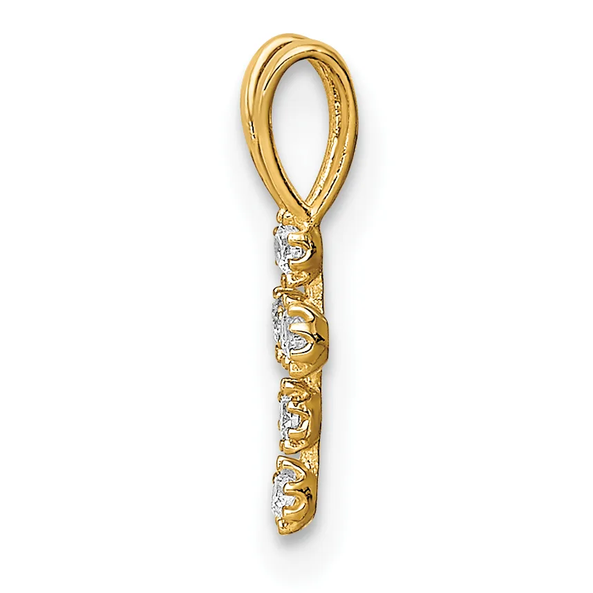 A gold pendant with an oval loop at the top and a rectangular shaft decorated with alternating diamond settings and textured gold patterns.