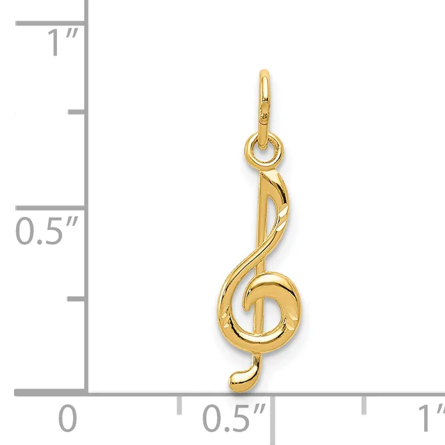 Gold-colored metal pendant shaped like a musical treble clef with a loop at the top for hanging, shown against a measurement scale.