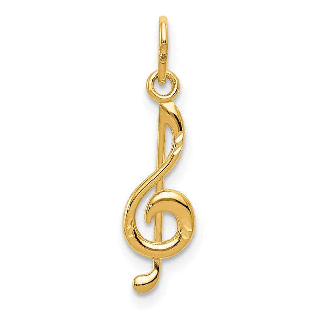 A gold treble clef musical note pendant with a small looped bail at the top for attaching to a chain.