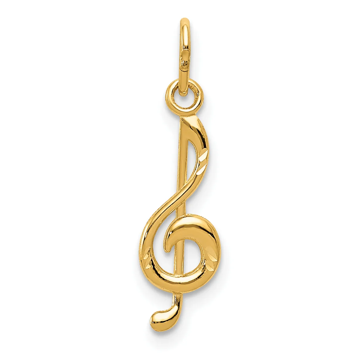 A gold treble clef musical note pendant with a small looped bail at the top for attaching to a chain.