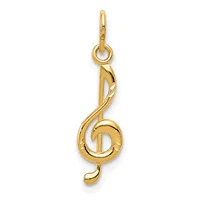 A gold treble clef musical note pendant with a small looped bail at the top for attaching to a chain.