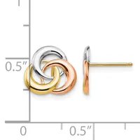 Tri-color interlocking hoop earrings in yellow, rose, and white gold displayed next to a ruler showing 0.5 inch measurement.