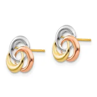 A pair of tricolor stud earrings with interlocking loops in white, yellow, and rose gold, displayed against a white background.