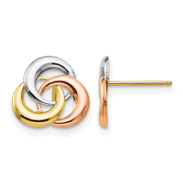 Pair of tricolor gold stud earrings with interlocking circular loops in yellow, rose, and white gold, shown from front and side views.