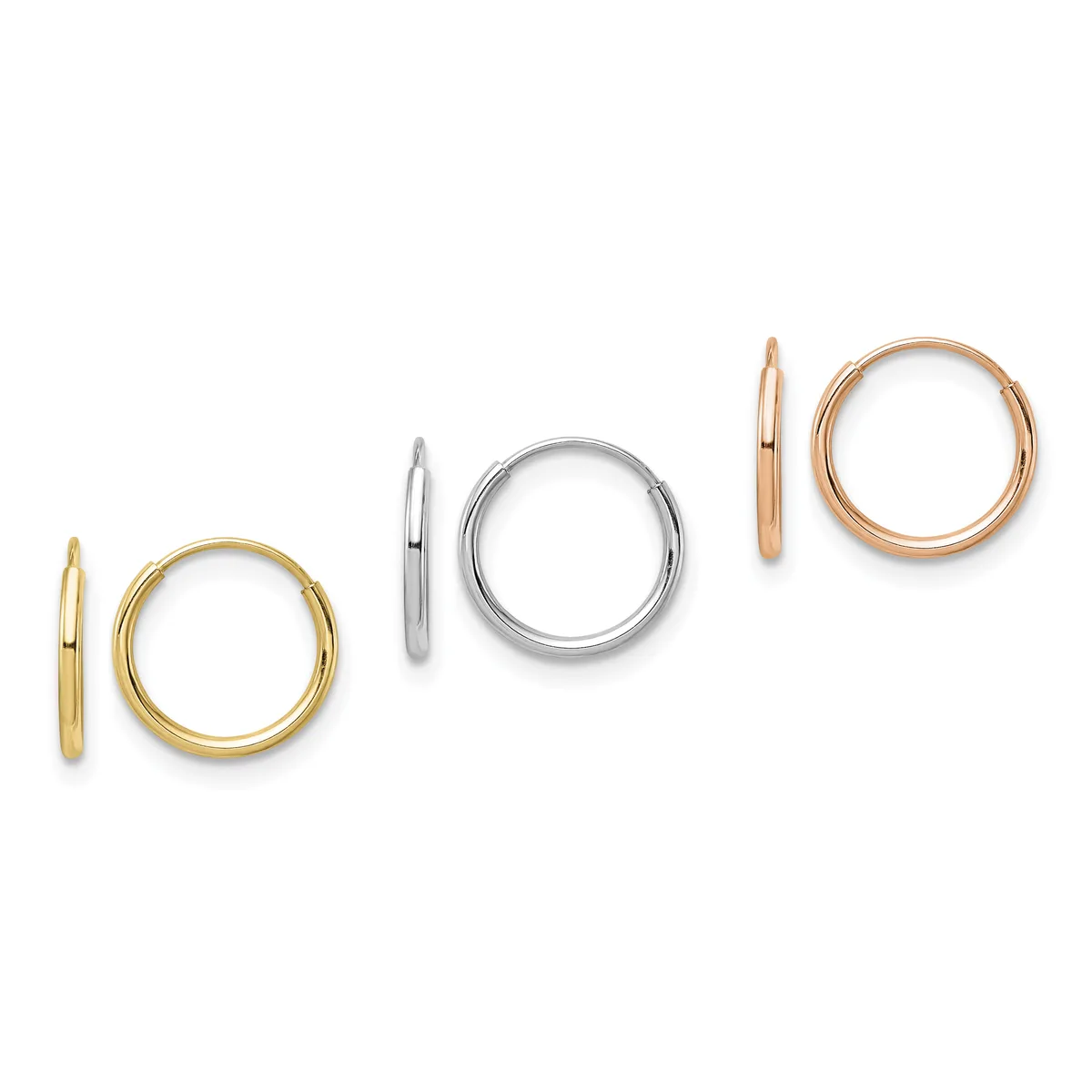 Three pairs of polished hoop earrings displayed in a row: yellow gold, white gold, and rose gold finishes.