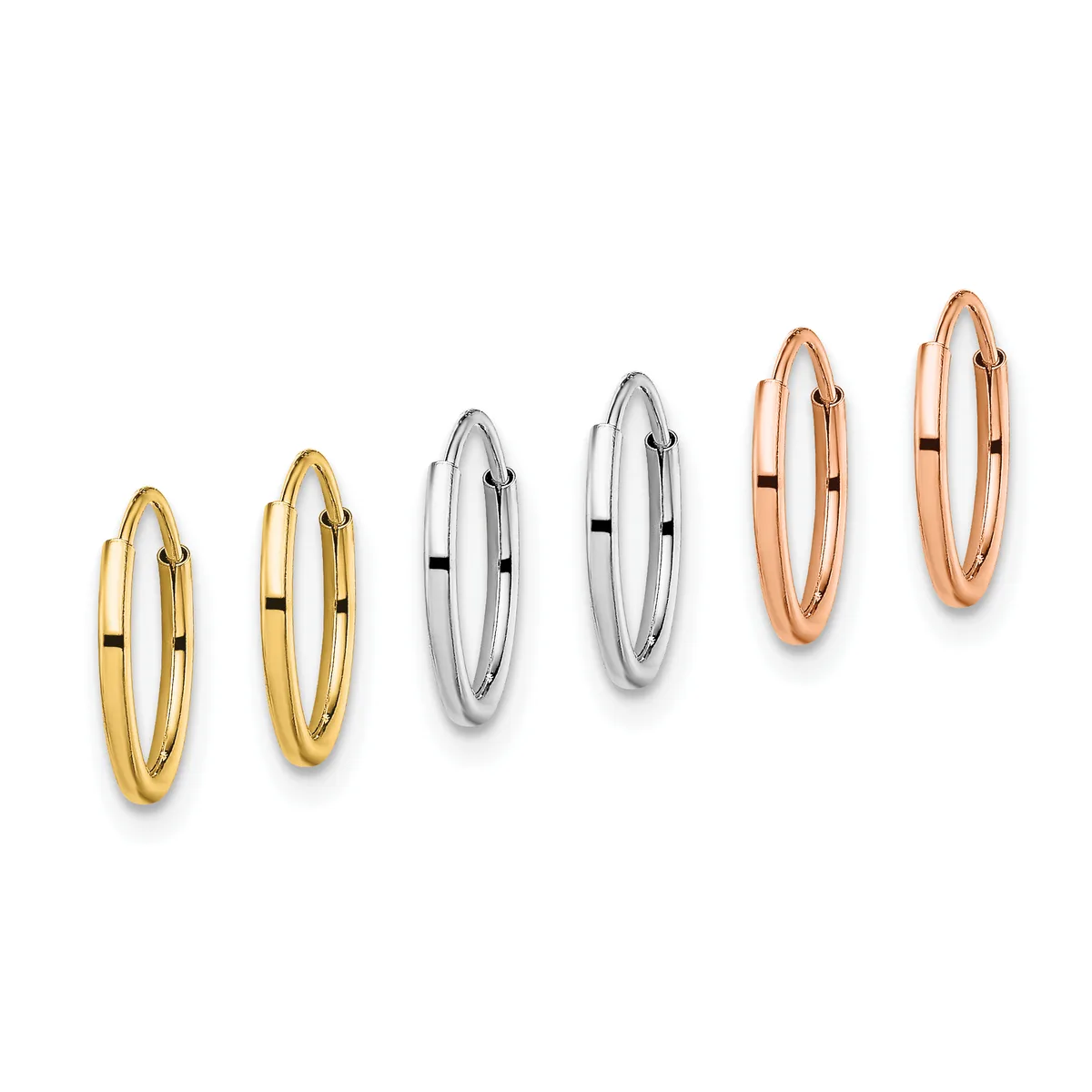 Six polished hoop earrings arranged in graduating sizes, in yellow gold, white gold, and rose gold finishes.