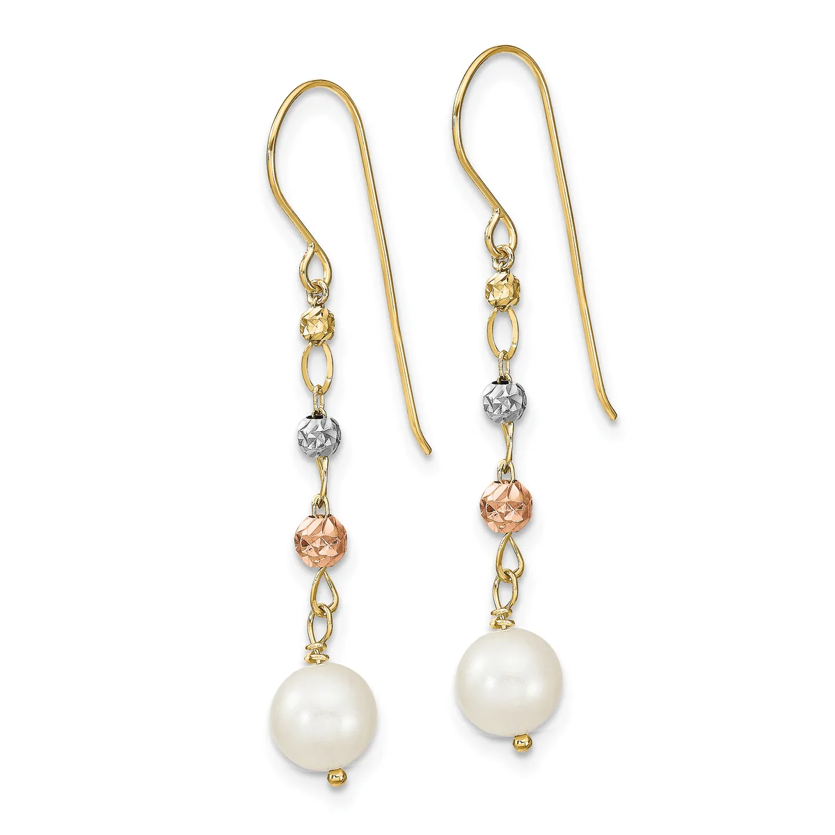 Pair of gold fish hook earrings with white pearls, rose gold beads, and silver-toned spacer beads connected by delicate chain links.
