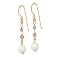 Pair of gold fish hook earrings with white pearls, rose gold beads, and silver-toned spacer beads connected by delicate chain links.