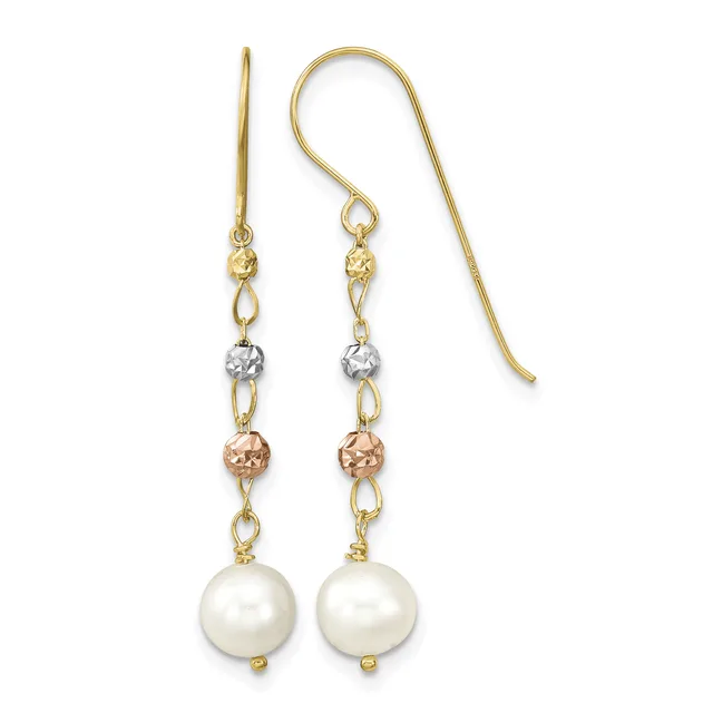 Pair of yellow gold drop earrings with tri-color beads and white pearl terminals, displayed against a white background.