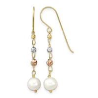 Pair of yellow gold drop earrings with tri-color beads and white pearl terminals, displayed against a white background.