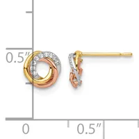 Pair of tricolor gold stud earrings featuring interlocking loops with diamond accents, shown with a measurement scale indicating approximately 0.5 inches in diameter.