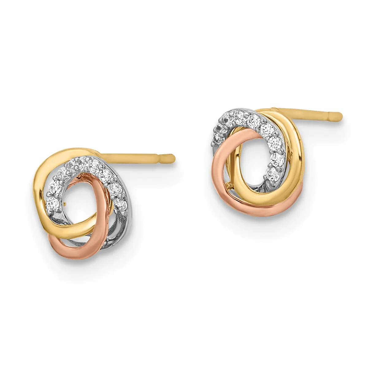 Pair of tricolor gold stud earrings with interlocking oval loops in yellow, rose, and white gold, accented with small diamonds, shown from the front.