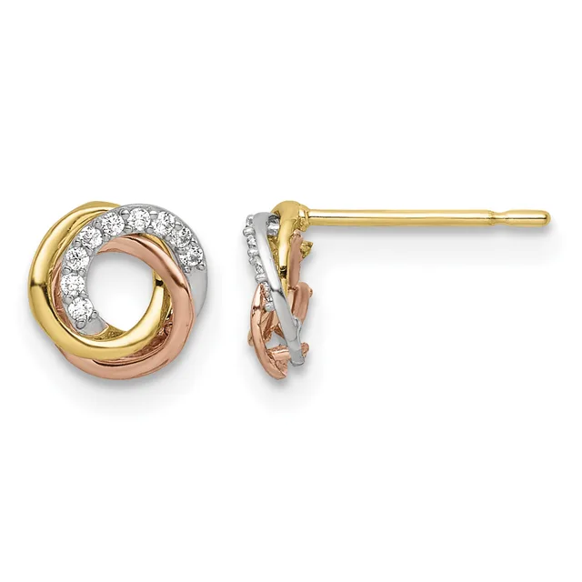 Pair of tricolor gold stud earrings with interlocking circular bands set with round diamonds, shown from front and side views.