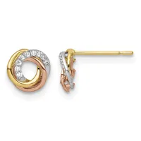 Pair of tricolor gold stud earrings with interlocking circular bands set with round diamonds, shown from front and side views.
