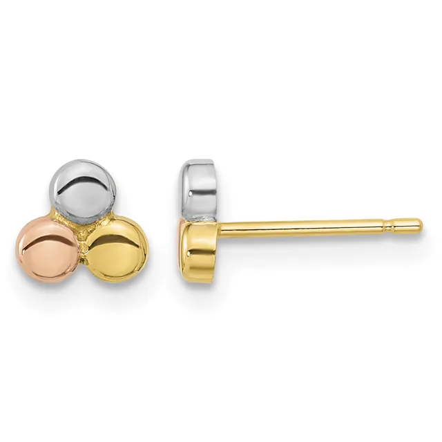 Pair of tricolor gold stud earrings featuring three polished spheres in white, rose, and yellow gold, shown from front and side views.