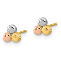 A pair of tricolor stud earrings featuring three small polished spheres in white, rose, and yellow gold arranged in a cluster on gold post backs.