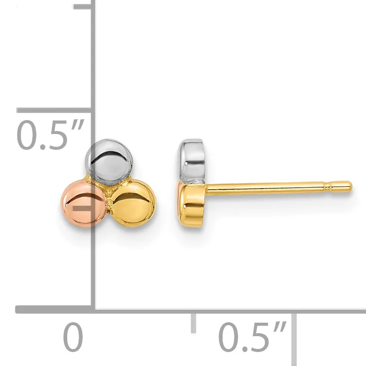 Tricolor gold sphere stud earrings with white, rose, and yellow gold balls arranged in a cluster, shown front and side views with measurement scale.