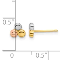 Tricolor gold sphere stud earrings with white, rose, and yellow gold balls arranged in a cluster, shown front and side views with measurement scale.
