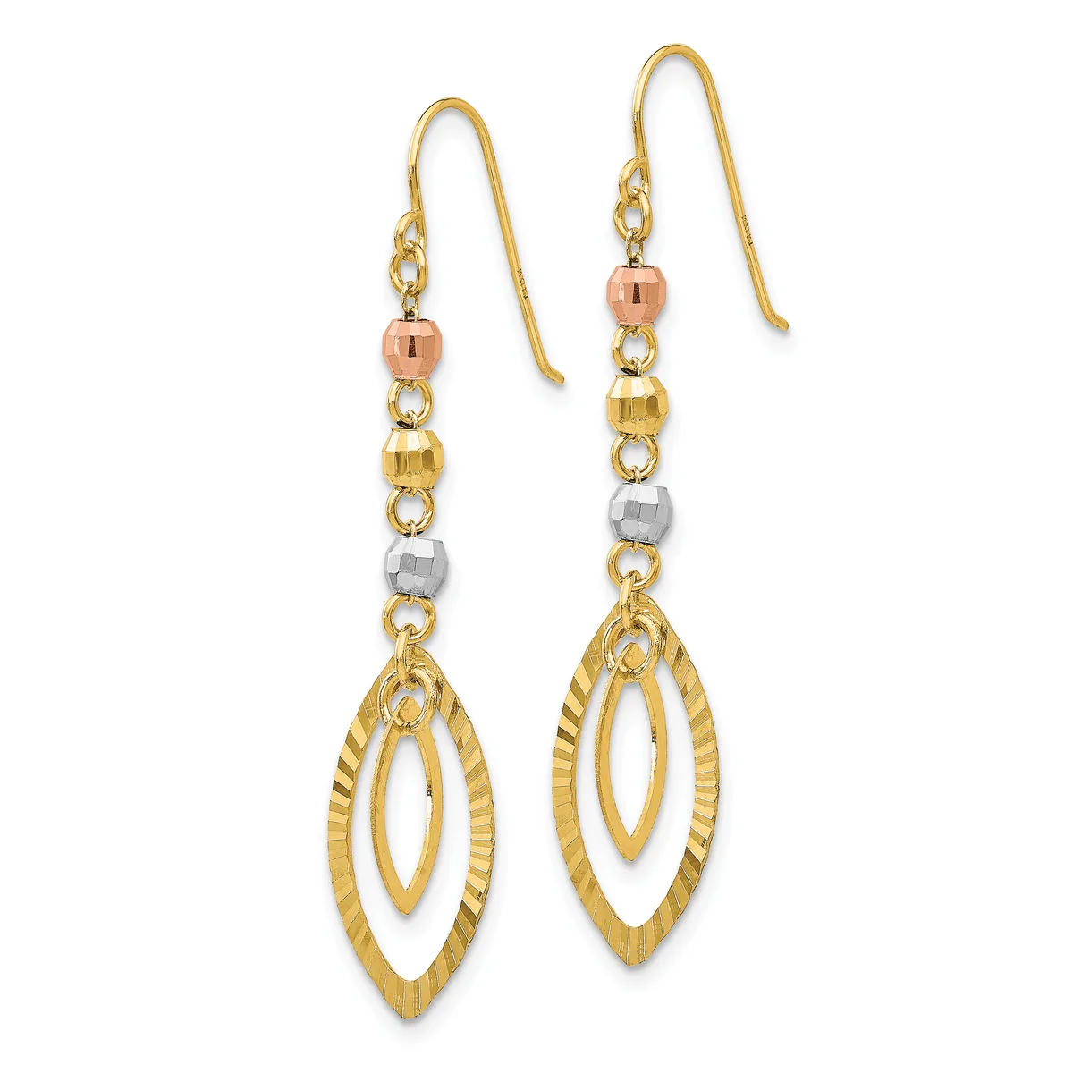 Pair of gold dangle earrings with textured oval pendants suspended from hook wires strung with rose gold, yellow gold, and silver-colored beads.