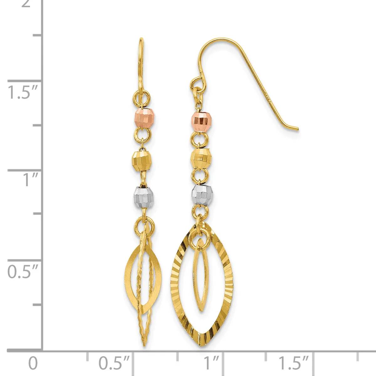Pair of gold-toned drop earrings with multicolored beads and oval filigree charms, displayed against a ruler showing approximately 1.75 inches in length.