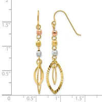 Pair of gold-toned drop earrings with multicolored beads and oval filigree charms, displayed against a ruler showing approximately 1.75 inches in length.