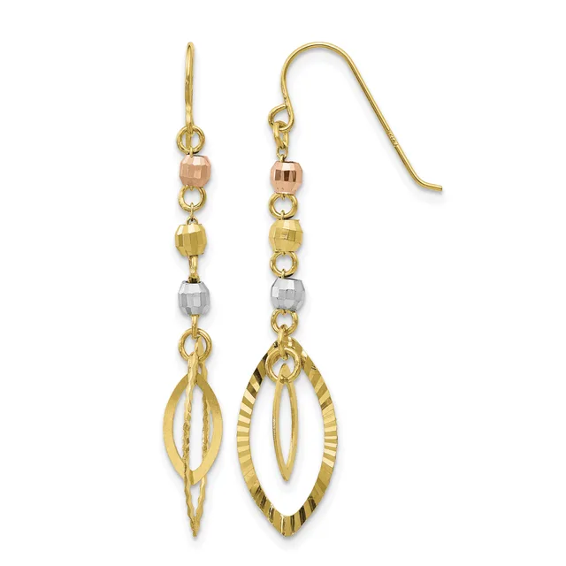 Pair of dangling earrings with gold fish hook wires, featuring stacked faceted beads in rose, yellow, and white gold tones above elongated oval pendants with textured surfaces.