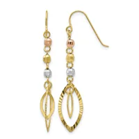 Pair of dangling earrings with gold fish hook wires, featuring stacked faceted beads in rose, yellow, and white gold tones above elongated oval pendants with textured surfaces.