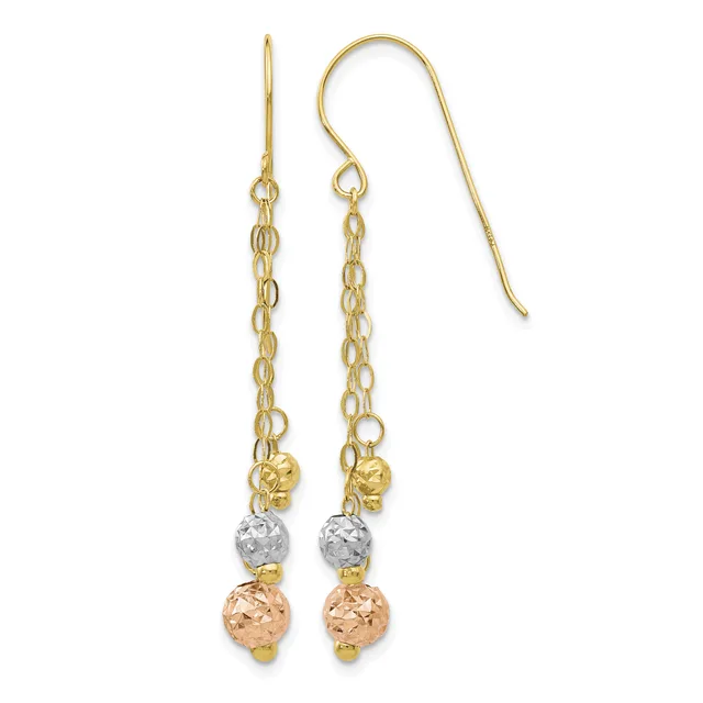 Pair of gold dangle earrings with chain links and textured beads in yellow, white, and rose gold tones, suspended from curved ear wires.